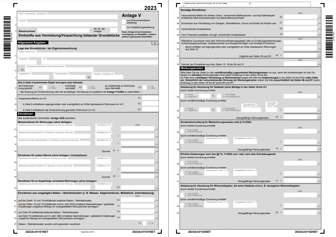 Seite 1 und 2 der Anlage V der Steuererklärung 2023