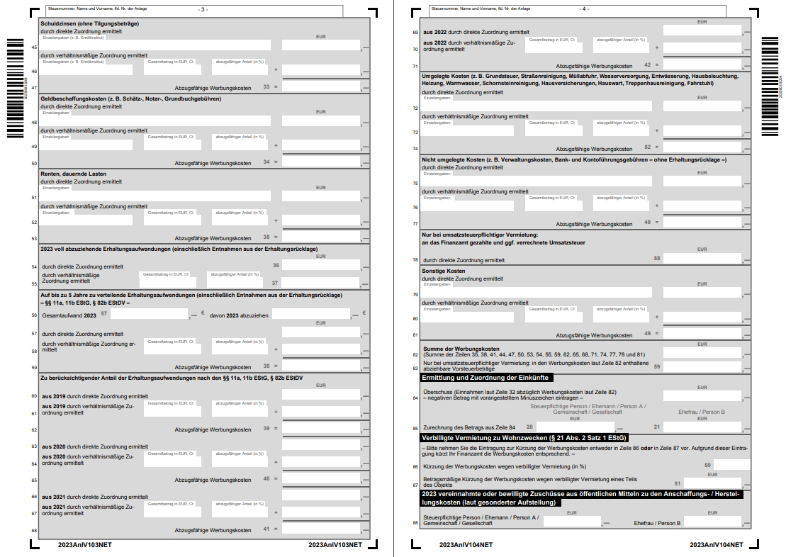 Seite 3 und 4 der Anlage V zur Steuererklärung 2023