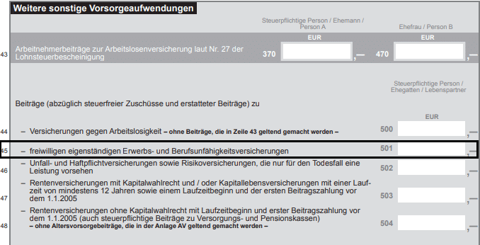 Ausschnitt aus der Anlage "Vorsorgeaufwand", Zeile 45 ist schwarz umrandet