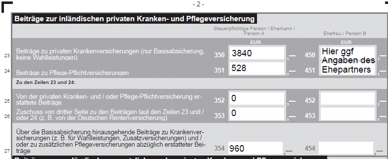 Ausschnitt Anlage Vorsorgeaufwand 2023, Zeile 23 bis 27 ausgefüllt (23: 3840, 24: 520, 27: 960)