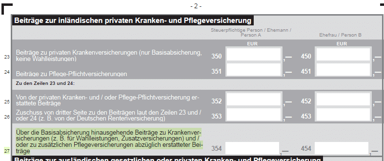 Ausschnitt Anlage Vorsorgeaufwand 2023, Zeile 27 grün markiert