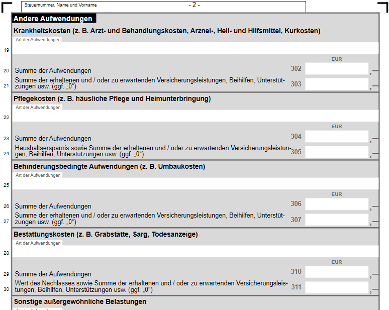 Ausschnitt dder Anlage für Außergewöhnliche Belastungen, Seite 2 ab Zeile 19