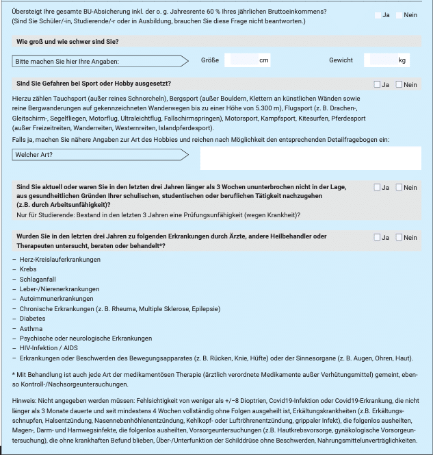 Ausschnitt von Gesundheitsfragen der Hannoverschen. Darin wird zum Beispiel nach Größe und Gewicht, nach gefährlichen Hobbys und langanhalter Arbeitsunfähigkeit sowie bestimmten Erkrankungen der letzten drei Jahre gefragt.