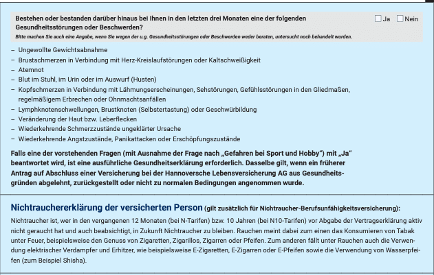 Teil zwei der Gesundheitsfragen mit Fragen nach weiteren gesundheitlichen Beschwerden sowie dem Rauchverhalten.