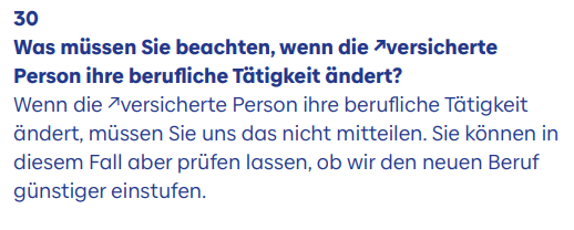 Ausschnitt aus den AVB der Berufsunfähigkeitsversicherung der Baloise. Punkt 30 besagt, dass Versicherte einen Wechsel ihres Berufs nicht mitteilen müssen, aber prüfen lassen können, ob er zu einer günstigeren Einstufung führt.