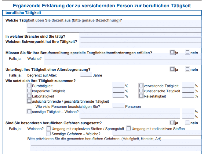 Fragebogen eines anderen Versicherers: Auch hier wird unter anderem nach dem Anteil körperlicher Tätigkeiten am Beruf und nach besonderen Gefahren gefragt.