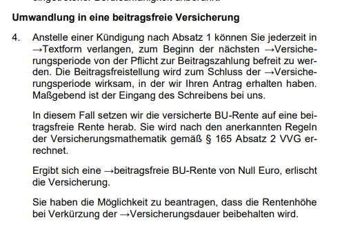 Ausschnitt aus den AVB der Berufsunfähigkeitsversicherung der LV18771. Er besagt, dass die Umwandlung in eine beitragsfreie Versicherung möglich ist.