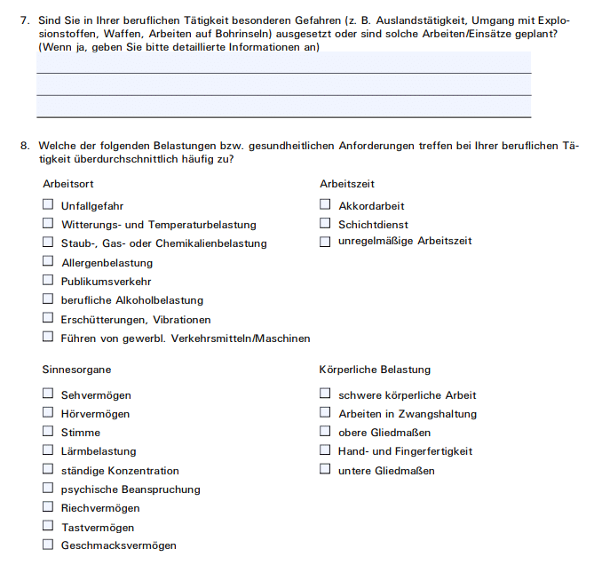 Fortsetzung des ersten Bildes, hier fragt der Versicherer detaillierter nach besonderen Erfahrungen und Belastungen, mit denen der Beruf verbunden ist.