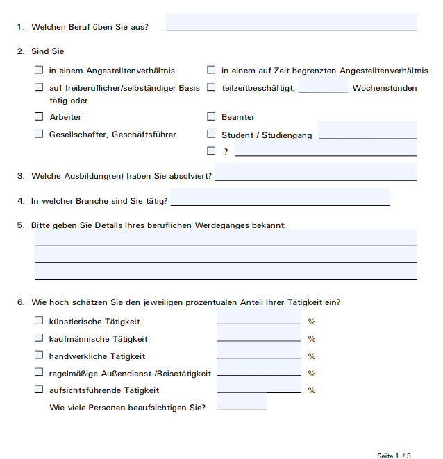 Ausschnitt aus den Fragen zur beruflichen Tätigkeit, es wird zum Beispiel nach der genauen Berufsbezeichnung, nach der Ausbildung und dem Anteil handwerklicher Tätigkeiten am Berufsalltag gefragt.