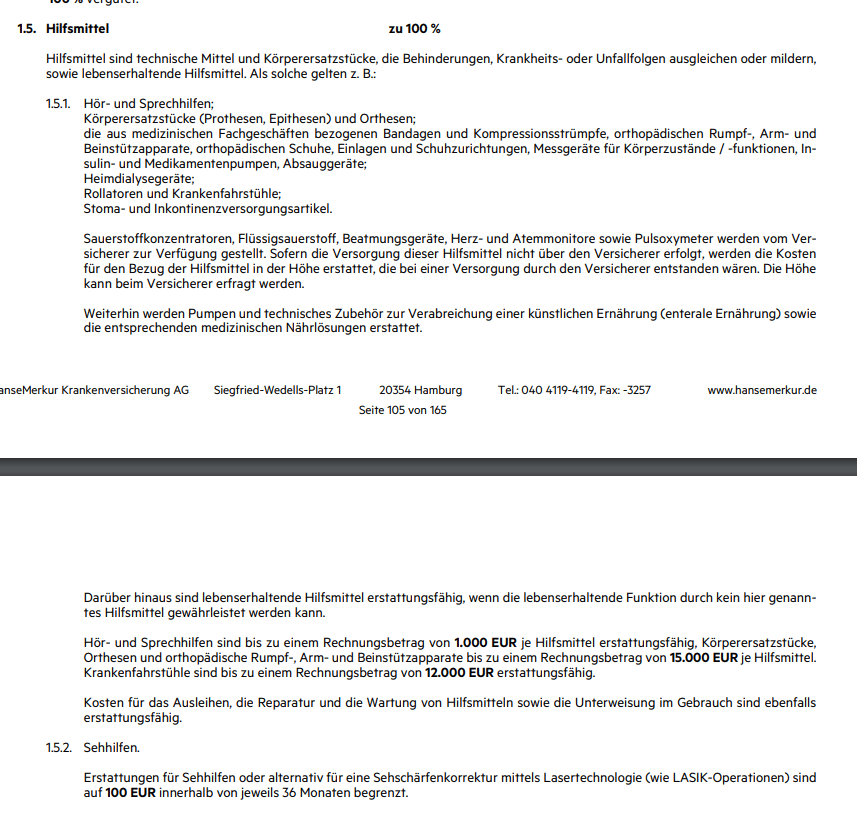 Abschnitt 1.5. aus der Kundeninformation der Hansemerkur zur Krankenvollversicherung; Aufzählung der Hilfsmittel, die zu 100 % übernommen werden, darunter sind z.B. Hör- und Sprechhilfen, Prothesen und Orthesen sowie Rollatoren